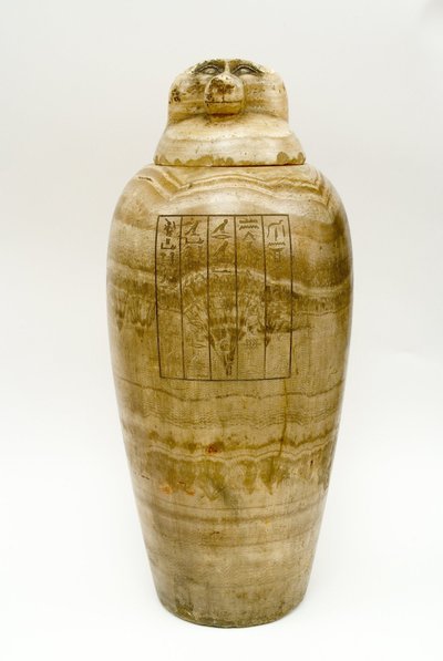 Canopic jar from the tomb of the military leader Padihoremheb. 26th Dynasty, 7th-6th Century BC Alabaster, height 52 cm Estonian History Museum