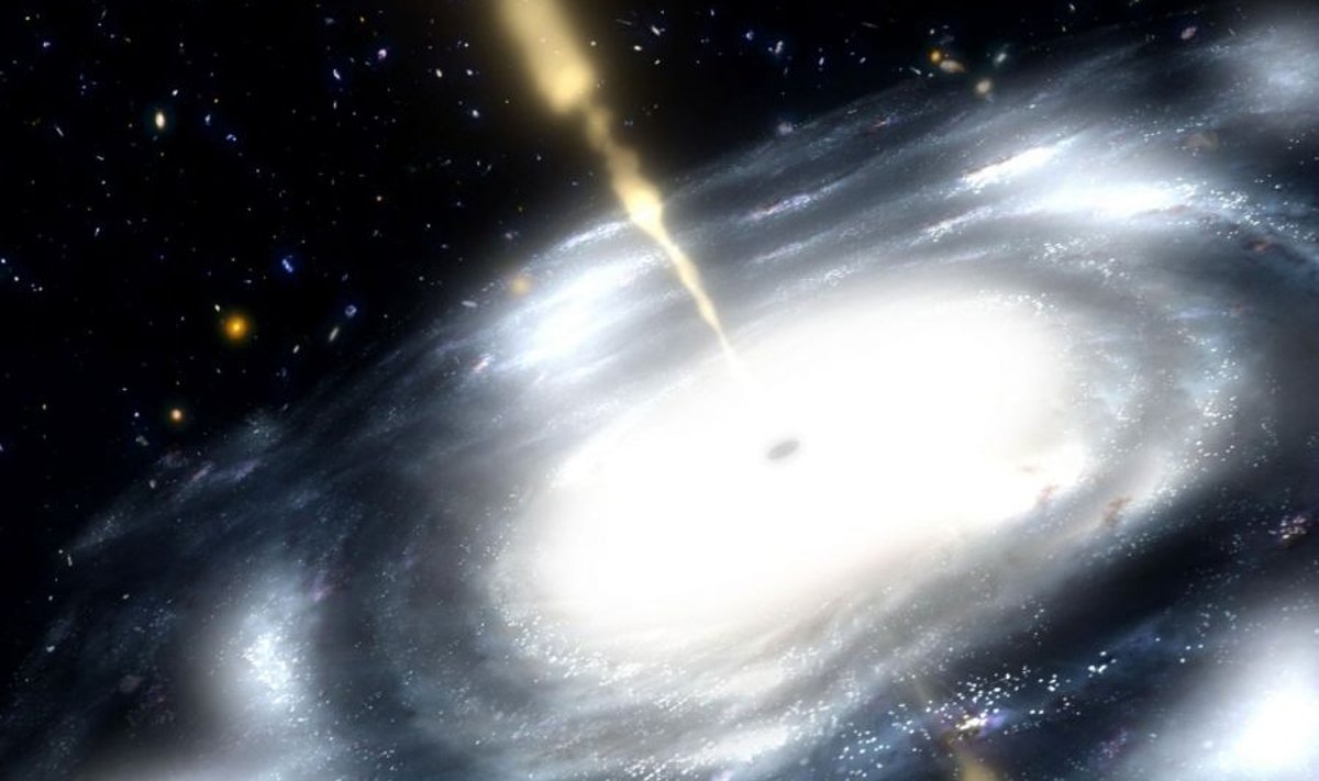 NASA kunstniku kontsept galaktikast, mille keskmes must auk