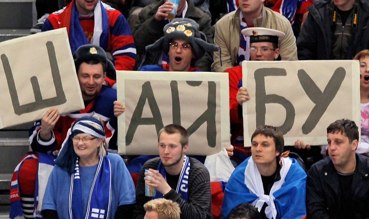 Russian fans during a 2010 World Hockey Championship match between Russia and Finland.