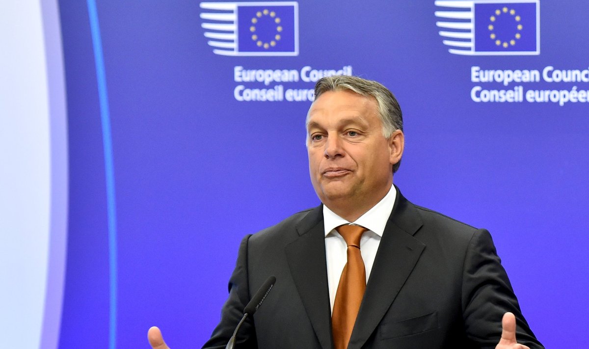 Hungary's Prime Minister Orban holds a news conference with European Council President Tusk at the European Council headquarters ahead of their meeting in Brussels