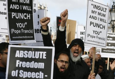 Muhamedi-karikatuuride vastane meeleavaldus Londoni kesklinnas mullu 8. veebruaril, kuu aega pärast Charlie Hebdo tulistamist