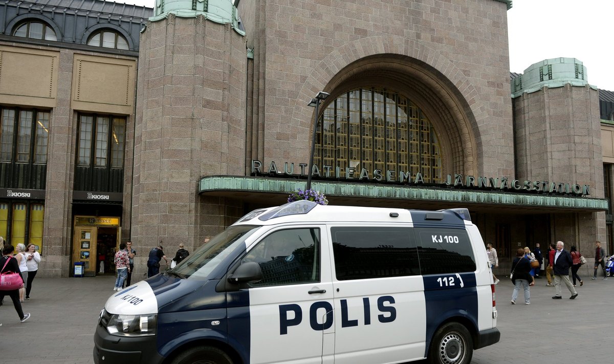 Finnish police patrol in front of the Central Railway Station, after stabbings in Turku, in Central Helsinki