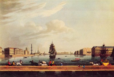 Postkaardil on kujutatud Neeva jõe kallast Peterburis aastal 1815.