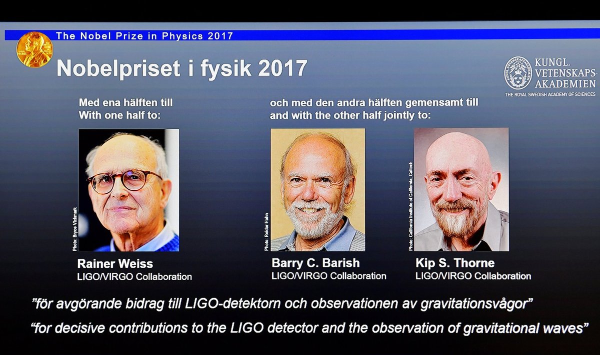The names of Rainer Weiss, Barry C. Barish and Kip S. Thorne are displayed on the screen during the announcement of the winners of the Nobel Prize in Physics 2017, in Stockholm