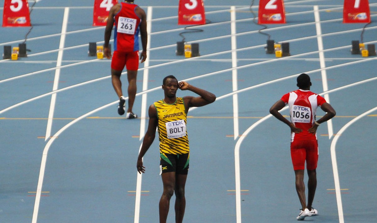 Usain Bolt pärast Kemar Hymani valestarti.