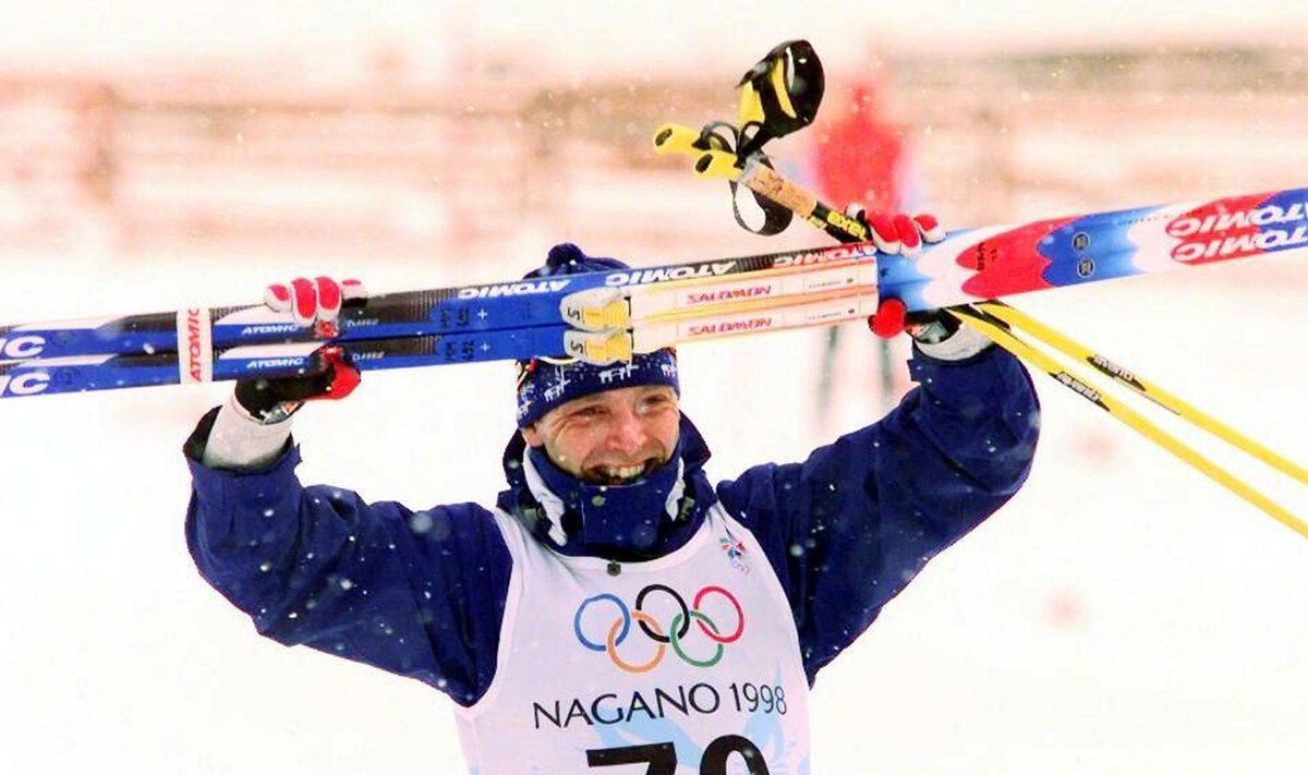 Finnish skier Mika Myllyla is seen after winning the 30km cross country race at the Nagano Olympics