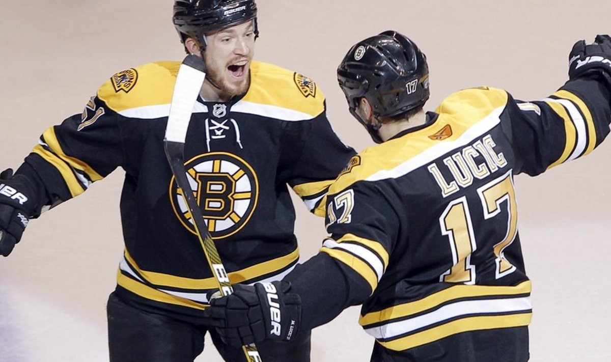 Boston Bruins defenseman Andrew Ference (L) and Boston Bruins left wing Milan Lucic celebrate after Lucic scored against the Philadelphia Flyers during the third period in Game 2 of their NHL Eastern Conference semi-final hockey game in Boston, Massachusetts May 3, 2010.   REUTERS/Brian Snyder    (UNITED STATES - Tags: SPORT ICE HOCKEY)
