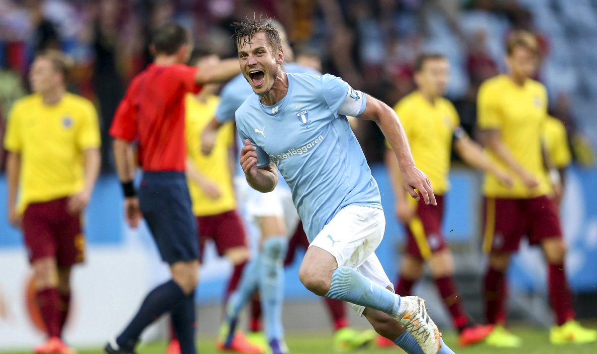 Malmo's Rosenberg celebrates after scoring his second goal during the Champions League soccer match between Malmo and Sparta Prague at Swedbank stadium in Malmo
