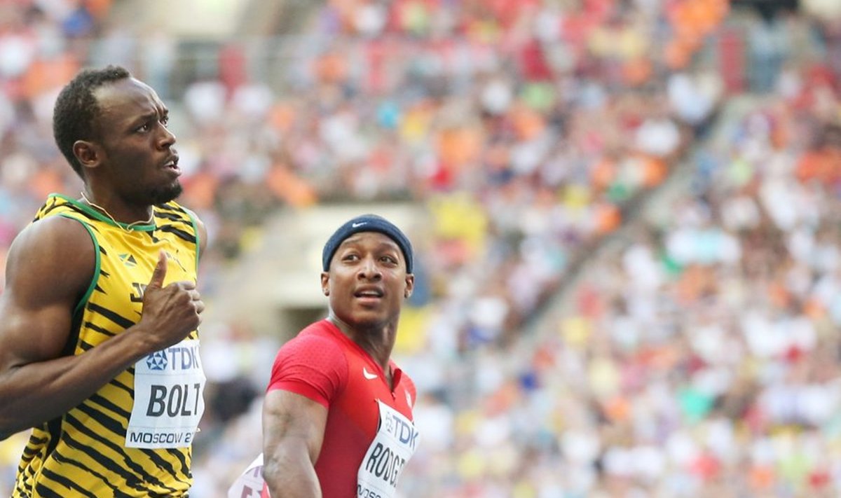 Usain Bolt ja Mike Rodgers finišijoonel.