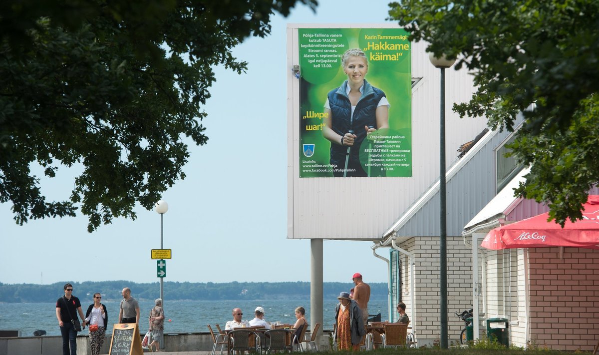 Karin Tammemägi valimisplakat Stroomi rannas, mis maksis linnaosa andmetel 76,8 eurot