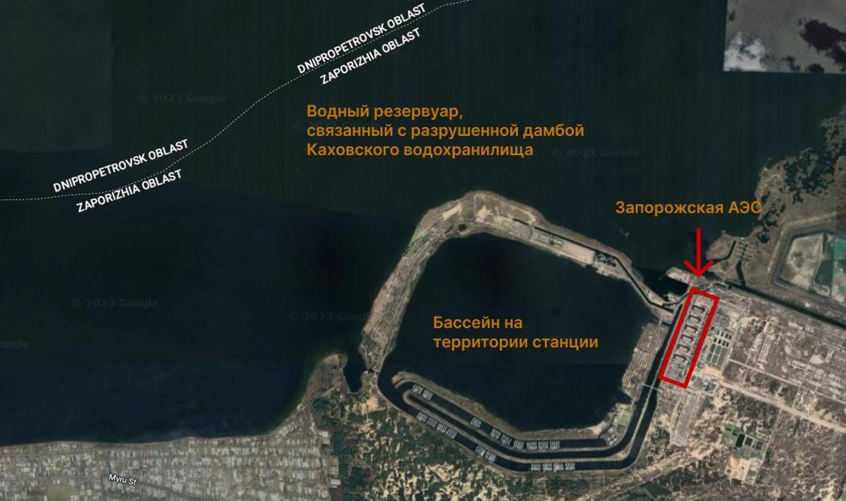 Карта расположения Запорожской АЭС и водных резервуаров, из которых она берет воду для охлаждения