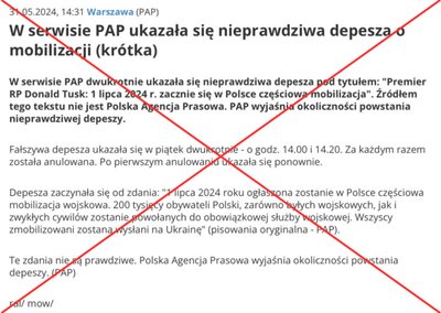 Kuvatõmmis võltsuudisest, mis ilmus Poola Pressiagentuuri veebilehel 31. mail.