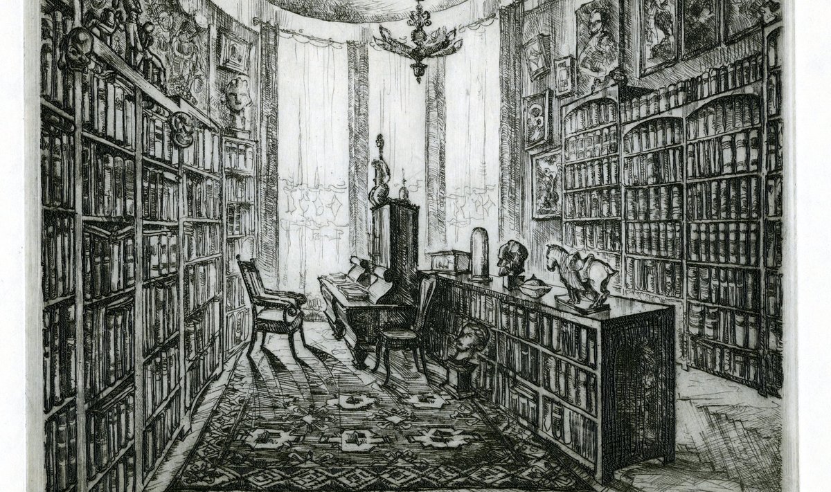 KADUNUD RAAMATUKOGU: Julius Genssi raamatukogutuba Tallinnas Roosikrantsi tänaval. Dagmar Bette-Punga joonistus 1939. aastal ilmunud kataloogist.