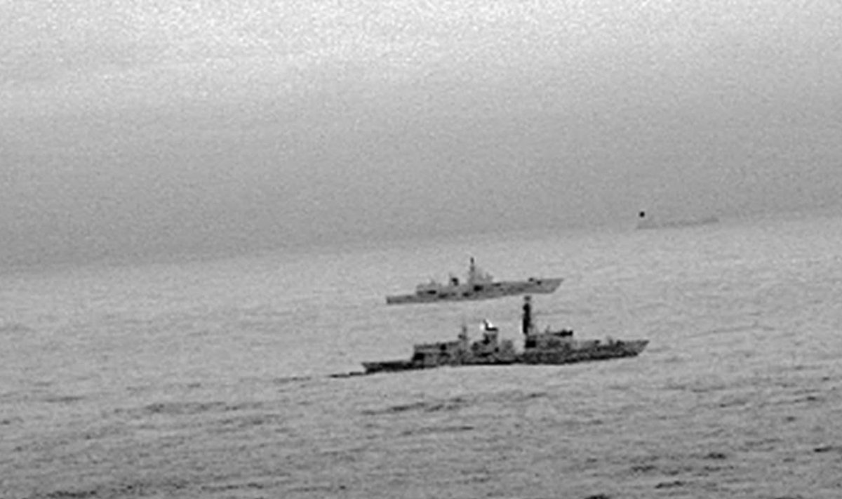 Images from an infrared camera on a helicopter show Royal Navy frigate HMS St Albans escorting Russian warship Admiral Gorshkov as it passes close to UK territorial waters through the North Sea in an image from an infrared camera on a helicopter handed out