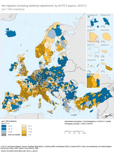 Migratsioon EL-i regioonide vahel. Kaart: Eurostat