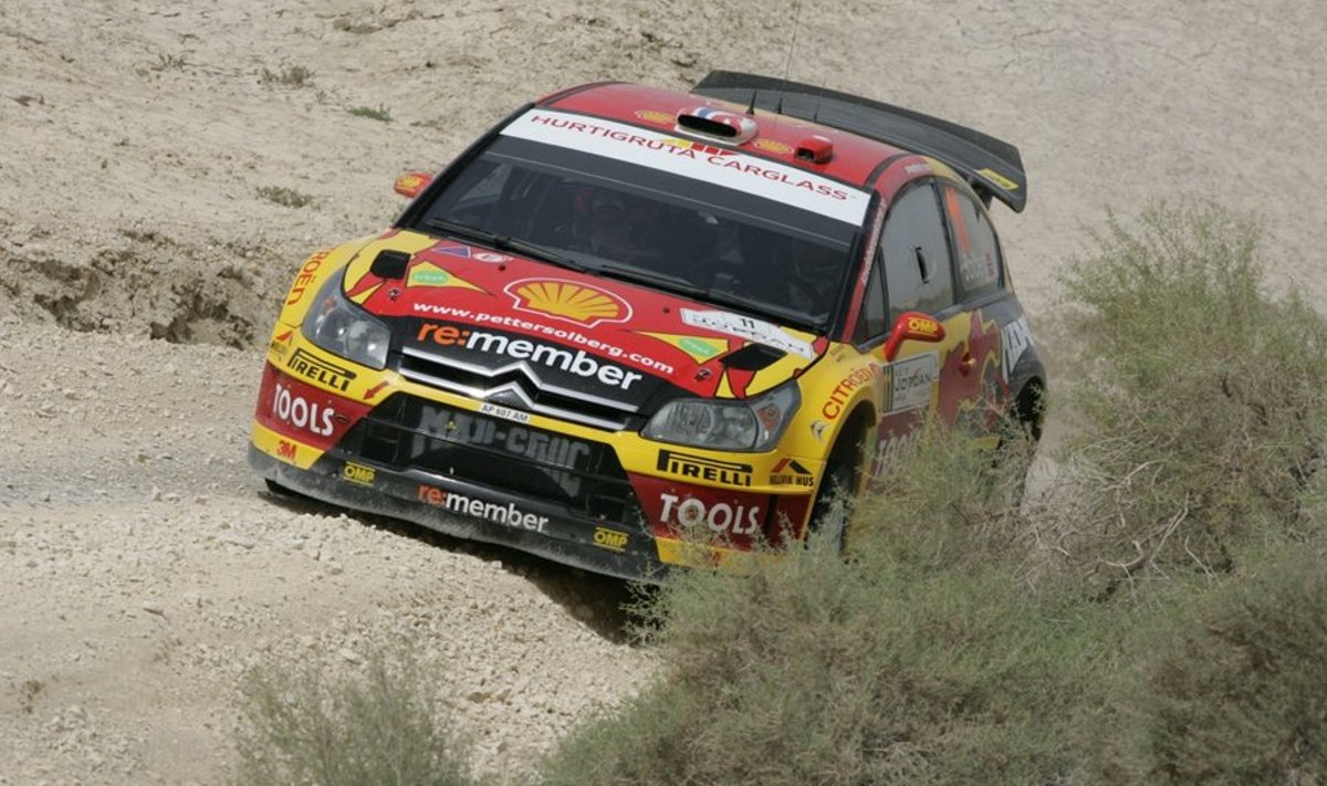 Petter Solberg of Norway and his co-driver Phil Mills of Britain drive their Citroen C4 WRC on the last day of the Jordan Rally in Amman on April 3, 2010. Frenchman Sebastien Loeb won the rally, the third leg of the FIA world championships, for his 56th rally win and extended his lead in the overall standings. The 36-year-old six-time defending world champion - also driving a Citroen - beat Solberg as well as Finland's Jari-Martti Latvala, who was celebrating his 25th birthday, in a Ford Focus. AFP PHOTO/KHALIL MAZRAAWI