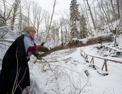 Kristin Otti on  paarisaja meetri kaugusel talust maalilises Ööbikuorus puid otsimas.Puid käivad otsimas nii mehed kui naised.  Puid lume alt välja kaevata ei ole kerge töö.