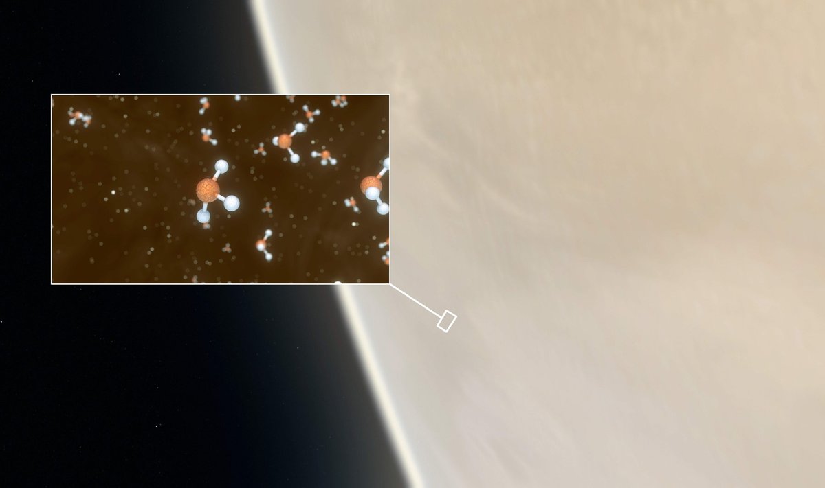 Pildil on kujutatud Veenuselt leitud fosfiinimolekule planeedi kõrgetes pilvedes.
