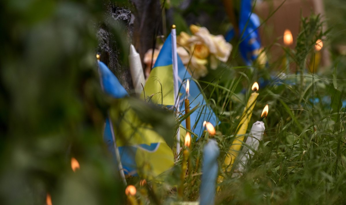 Sõjas hukkunute mälestuseks pandud küünlad ja Ukraina lipud.