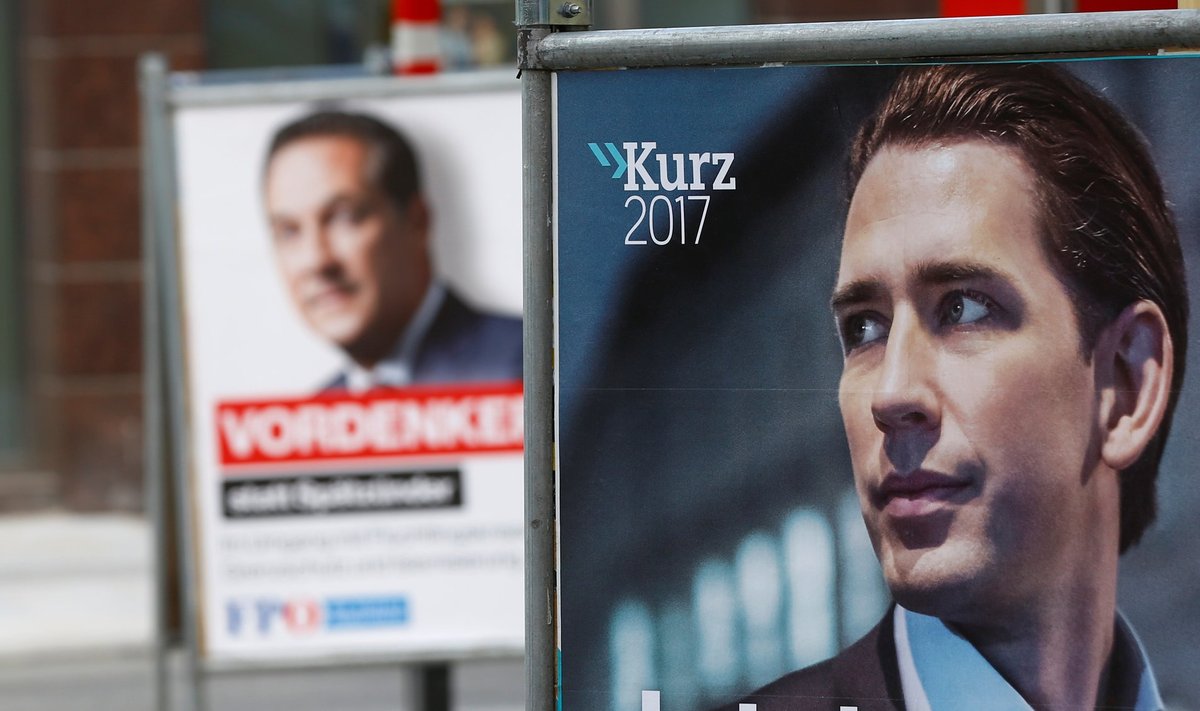 Austria Vabaduspartei juht Heinz-Christian Strache ja Rahvapartei juht Sebastian Kurz valimisplakatitel.