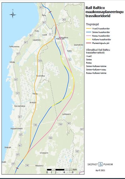 Joonis 1. Rail Balticu kuus trassikoridori alternatiivi, mida omavahel võrreldi ja hinnati.