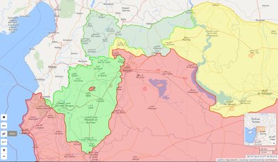 Oliiviroheline - Türgi okupeeritud ala, roheline - mässulised, kollane - kurdid, punane - Assad/Iraan