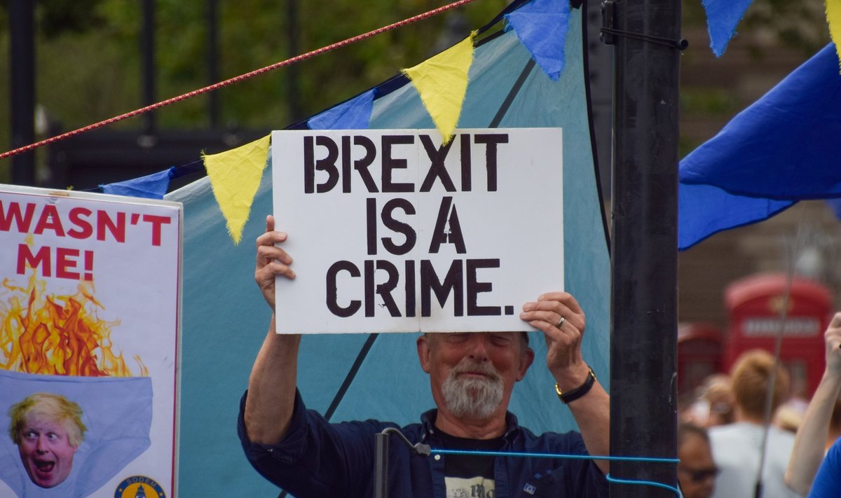 „Brexit on kuritegu,“ ütleb plakat protestija käes.