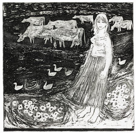 LUULE AINETEL: Graafik Vive Tolli illustreeris muuseas ka Marie Underi ballaade. Pildil „Merilehmad“, 1963.