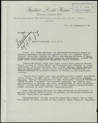 Eesti Naise kiri riigivanem Konstantin Pätsile (1935).