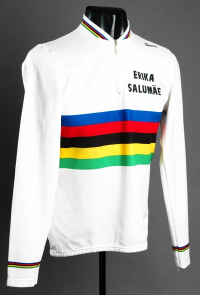 A group of four Erika Salumae World Champion `rainbow jerseys`, one by Santini and named; two by Castelli; the other by Assos and bearing logos for Gran Ciclismo, G.S. Dari Mec and Itam  Estimate:  £750 - £850
