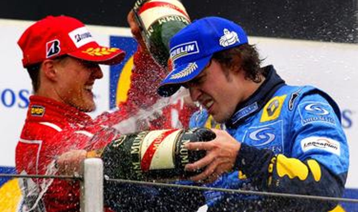 Michael Schumacher ja Fernando Alonso San Marino GP poodiumil