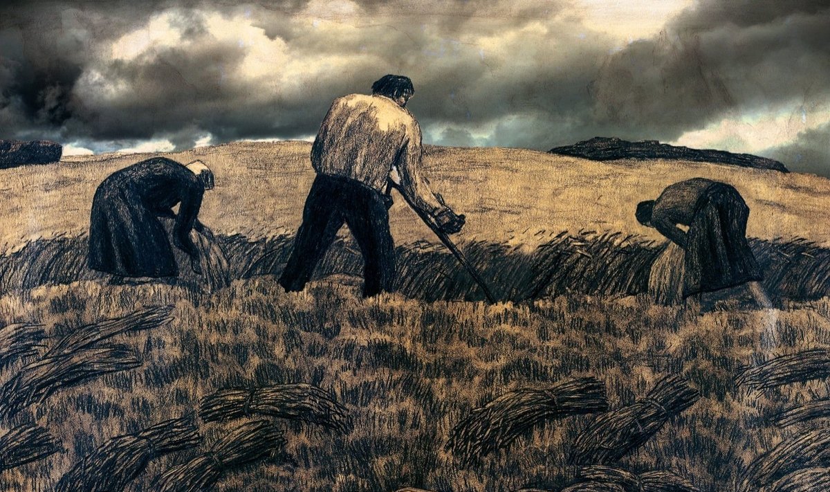 Põllumehele meeltmööda, puhkajale santPõllumehele meeltmööda, puhkajale sant. Kristjan Raud "Rukkilõikus", 1940.