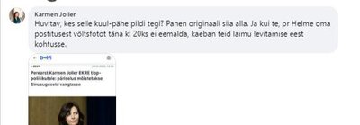 Karmen Jolleri kommentaar Helme postituse all. Vaatamata kommentaari sisule, seisab valeinfot sisaldav postitus siiani avalikult üleval.