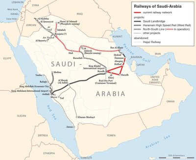 Saudi raudteedevõrk: olemasolev raudtee, ehitamisel Saudi Maasild, Lääne kiirraudtee, Põhja-Lõuna