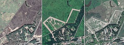 LAUNCH PLATFORM DEVELOPMENT: The 152nd Guards Missile Brigade operates in Kaliningrad's hinterland. Over the past decade, familiar hangars for nuclear-capable missiles and ten modern launch platforms have been built here. Photos (from left) from 2019 and 2021.