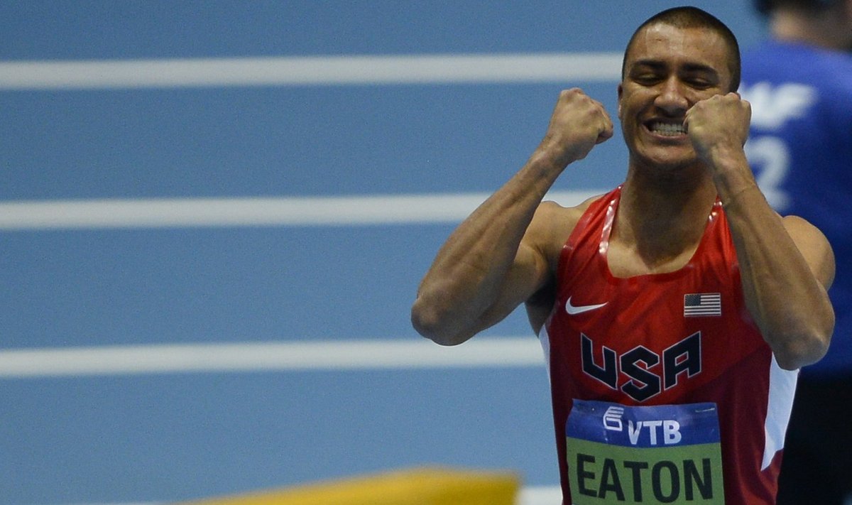 Eaton of the U.S. reacts during the high jump event in the men's heptathlon at world indoor athletics championships in Sopot
