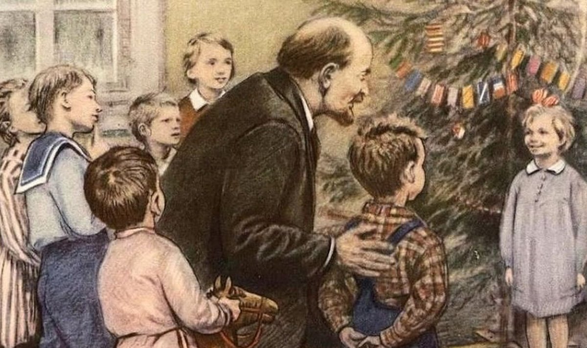 В первые годы советской власти даже появлялись изображения с Лениным, весело празднующим Рождество с детьми. 