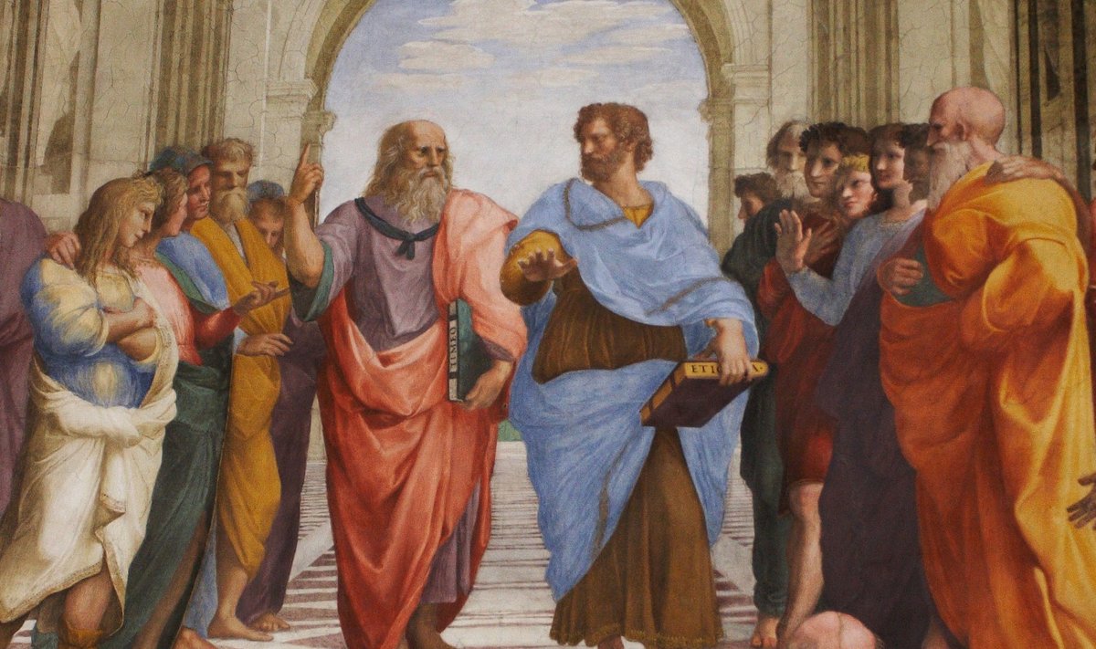 Platon ja Aristoteles (sinises) vaidlevad Raffaeli maalil „Ateena kool” (fragment).