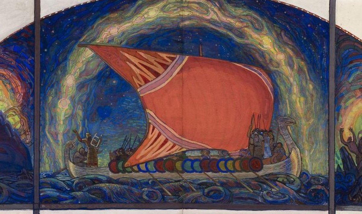 Nikolai Triik, „Lennuk” (1910). Rahvusromantilises kunstis seilas viikingilaeval enamasti Kalevipoeg.
