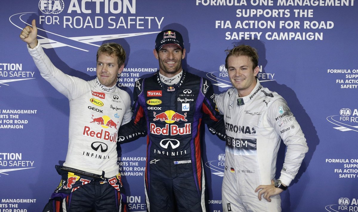 Vettel, Webber ja Rosberg fotograafidele poseerimas.