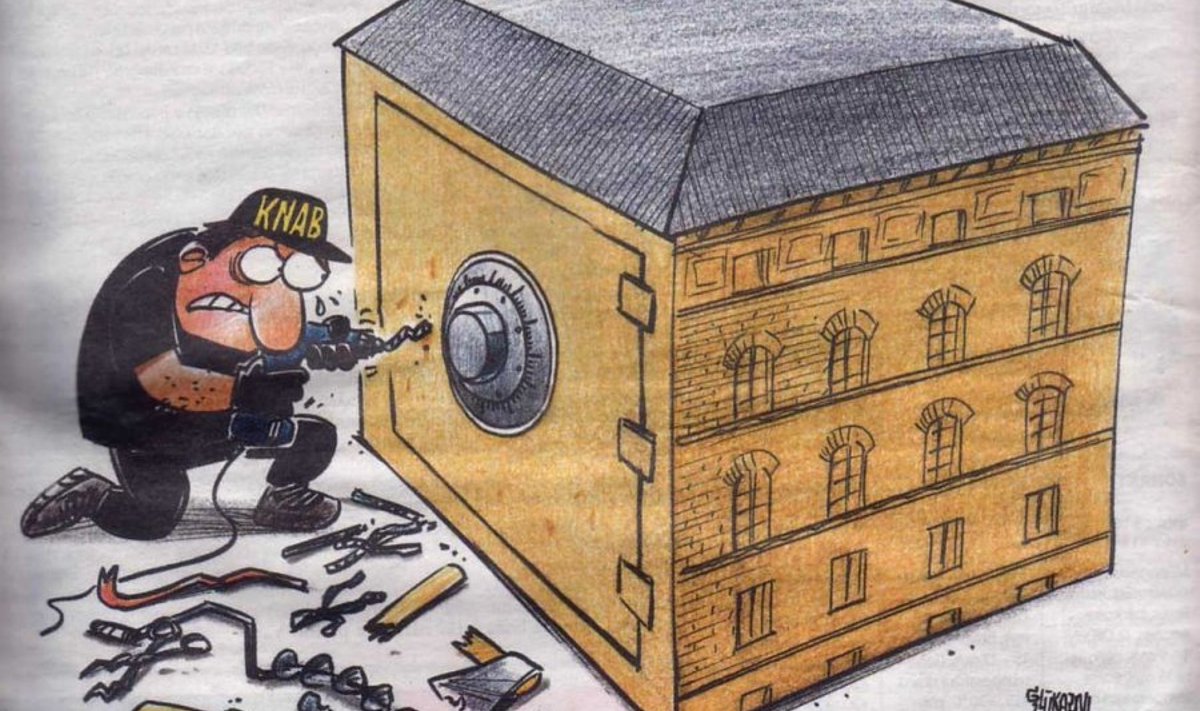 Lätlaste eneseiroonia: Korruptsioonitõrje büroo KNAB ei suuda puurida lahti Läti parlamendi kujulist seifi.