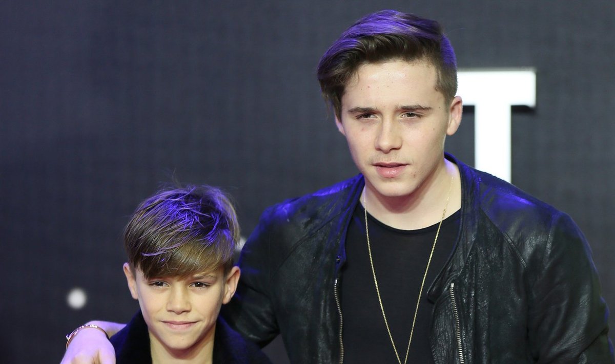 Brooklyn (R) and Romeo Beckham arrive at the European Premiere of Star Wars, The Force Awakens in Leicester Square, London